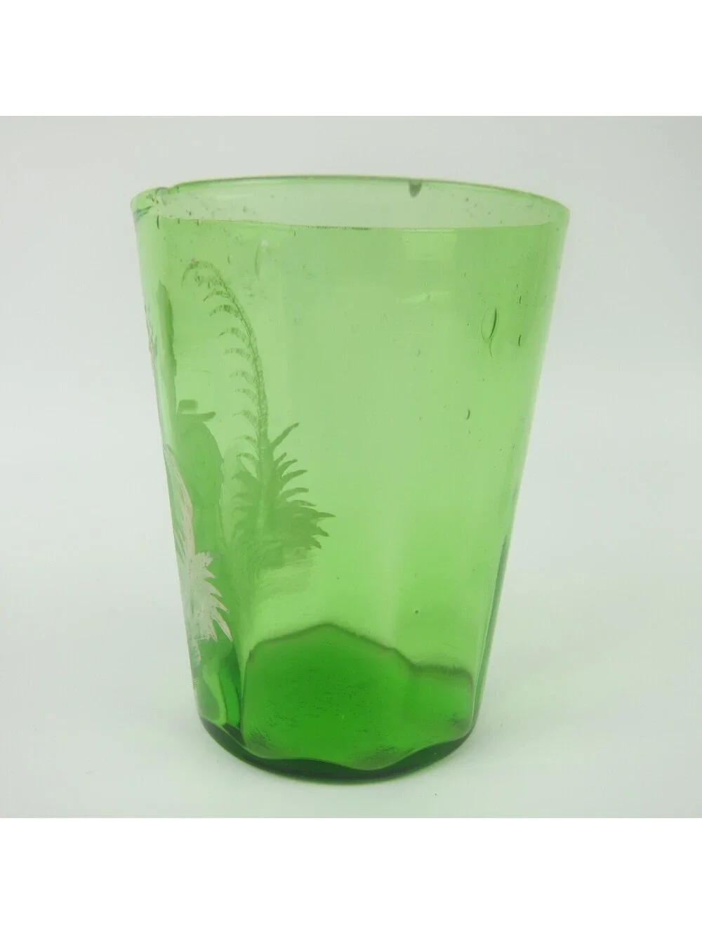 Antique Mary Gregory Green Drinking Glass Victorian Tumbler Girl Flowers 1890s